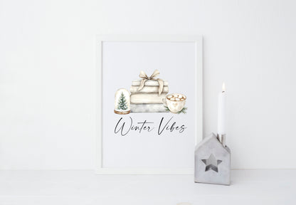 Christmas Print Watercolour beige & green Winter Vibes Holiday seasonal Wall Art (unframed)