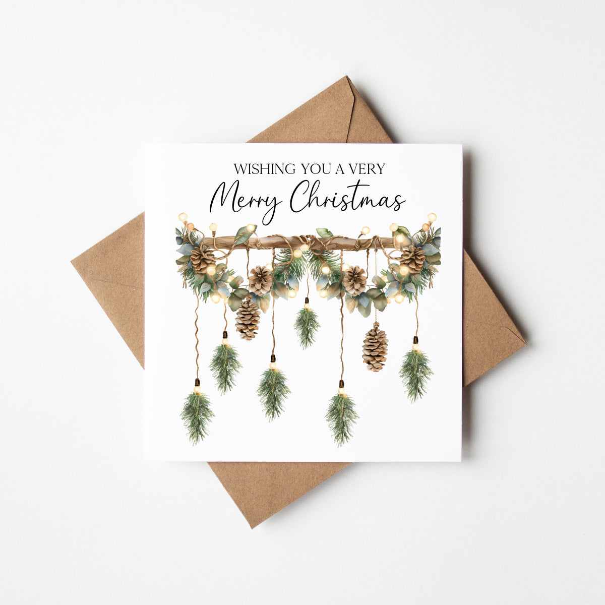 Christmas Card Green Xmas Acorns & foliage hanging decoration watercolour unique card (with Envelope)