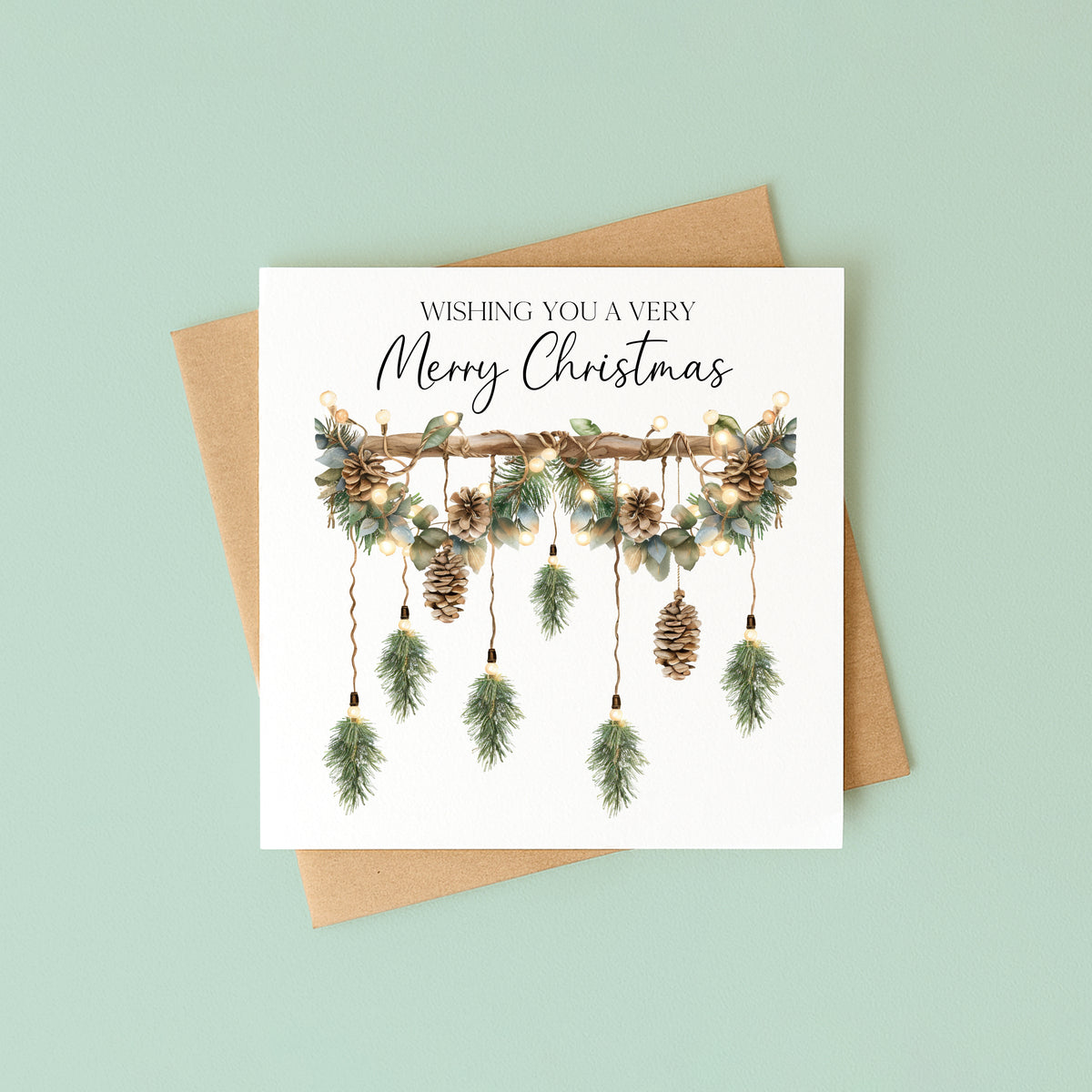 Christmas Card Green Xmas Acorns & foliage hanging decoration watercolour unique card (with Envelope)