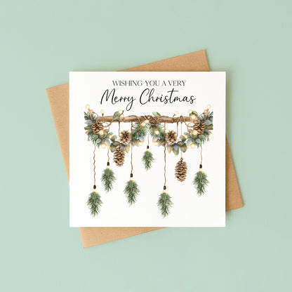 Christmas Card Green Xmas Acorns & foliage hanging decoration watercolour unique card (with Envelope)