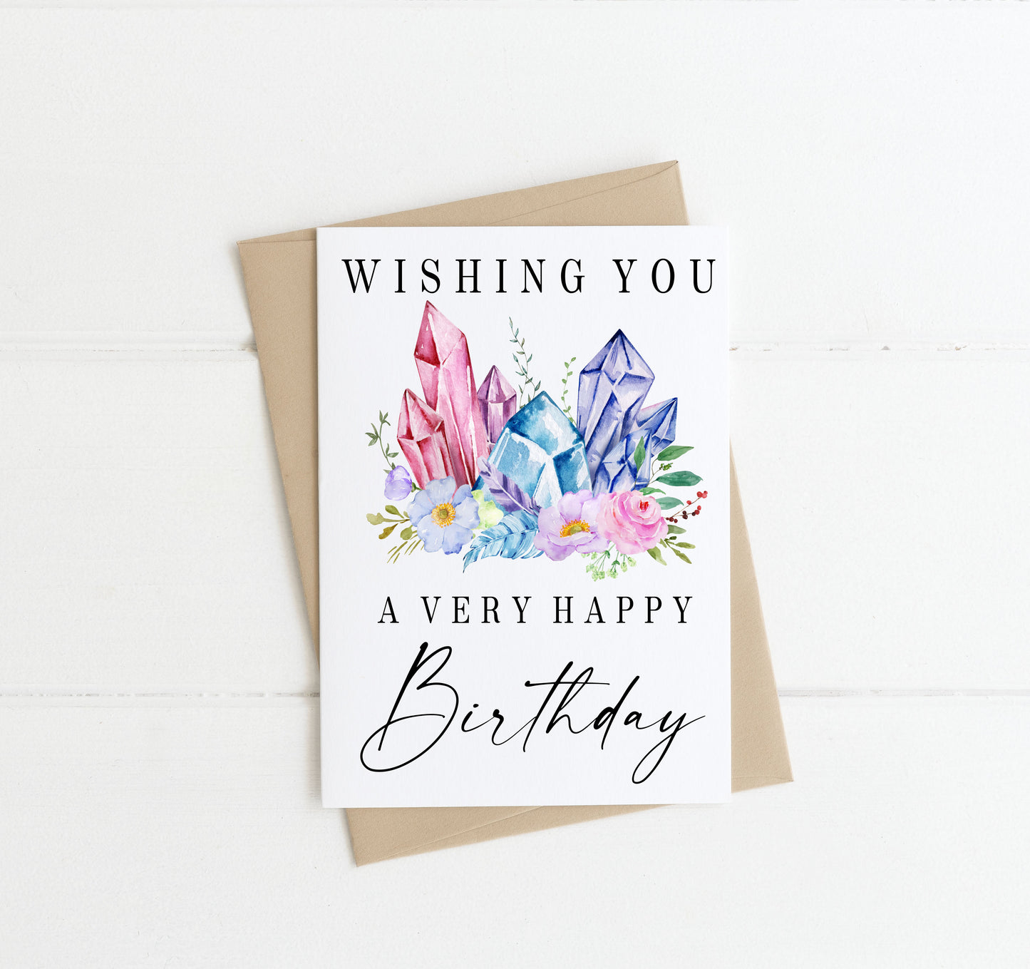 Birthday card, wishing you a very happy birthday pretty crystal & flowers watercolour card with envelope,kraft brown or white