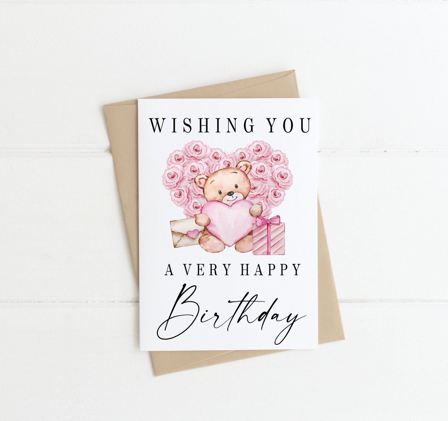 Birthday card, wishing you a very happy birthday pink roses cute bear watercolour floral hearts card with envelope,kraft brown or white