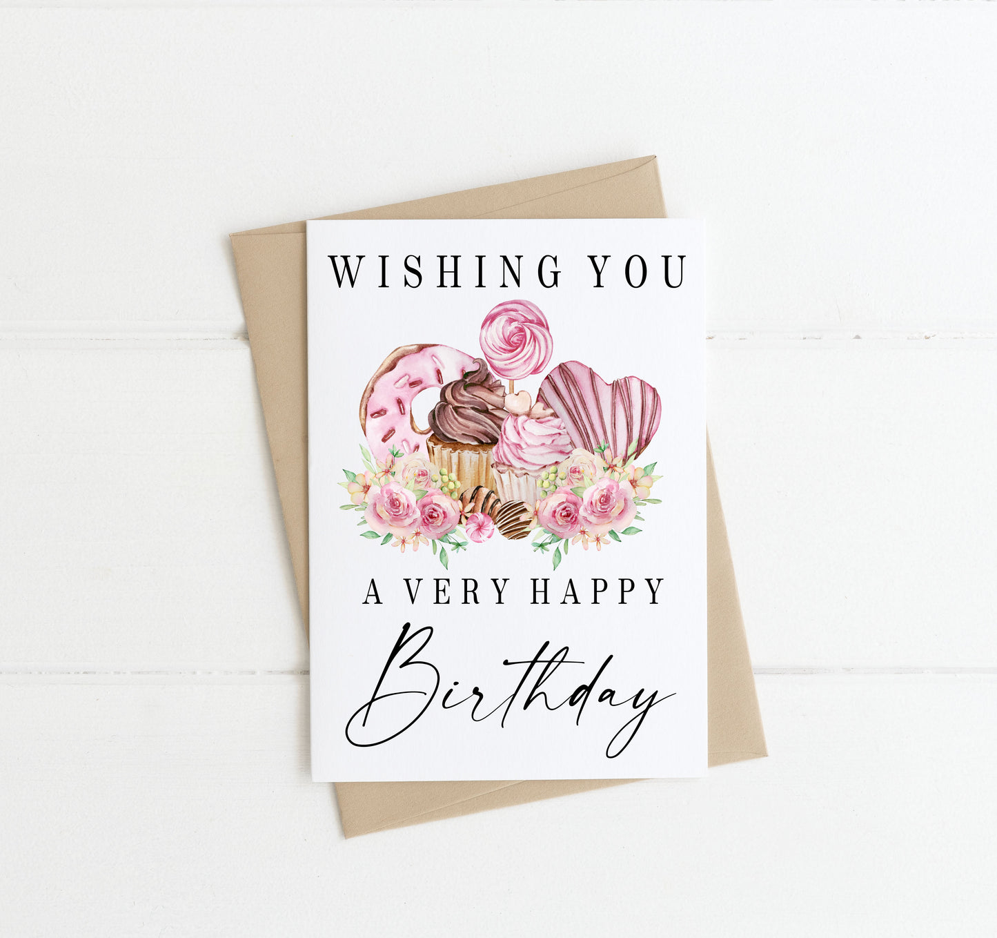 Birthday card, wishing you a very happy birthday pretty sweet treats cake watercolour floral card with envelope,kraft brown or white