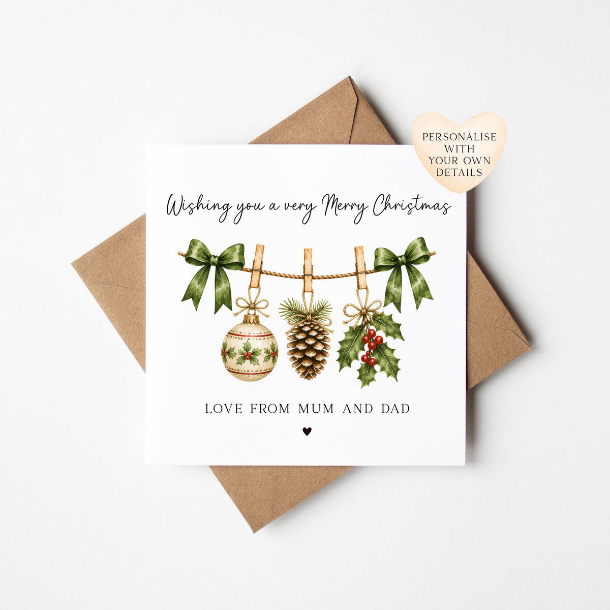 Christmas Card personalised festive hanging decorations, love from seasonal card with envelope