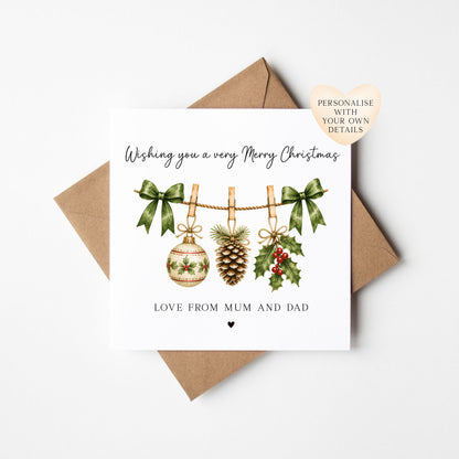Christmas Card personalised festive hanging decorations, love from seasonal card with envelope