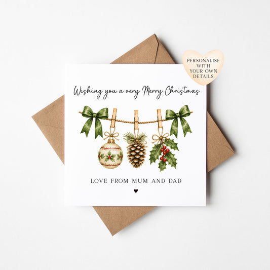 Christmas Card personalised festive hanging decorations, love from seasonal card with envelope