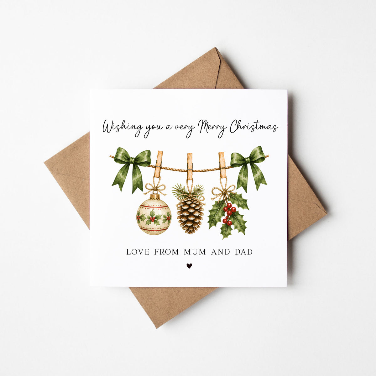 Christmas Card personalised festive hanging decorations, love from seasonal card with envelope