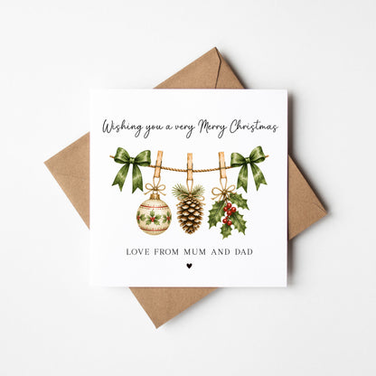 Christmas Card personalised festive hanging decorations, love from seasonal card with envelope