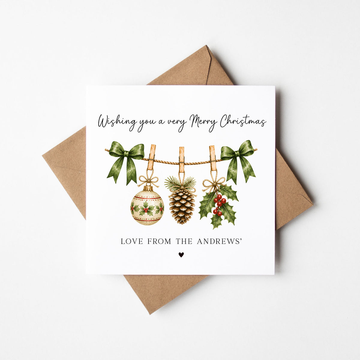 Christmas Card personalised festive hanging decorations, love from seasonal card with envelope