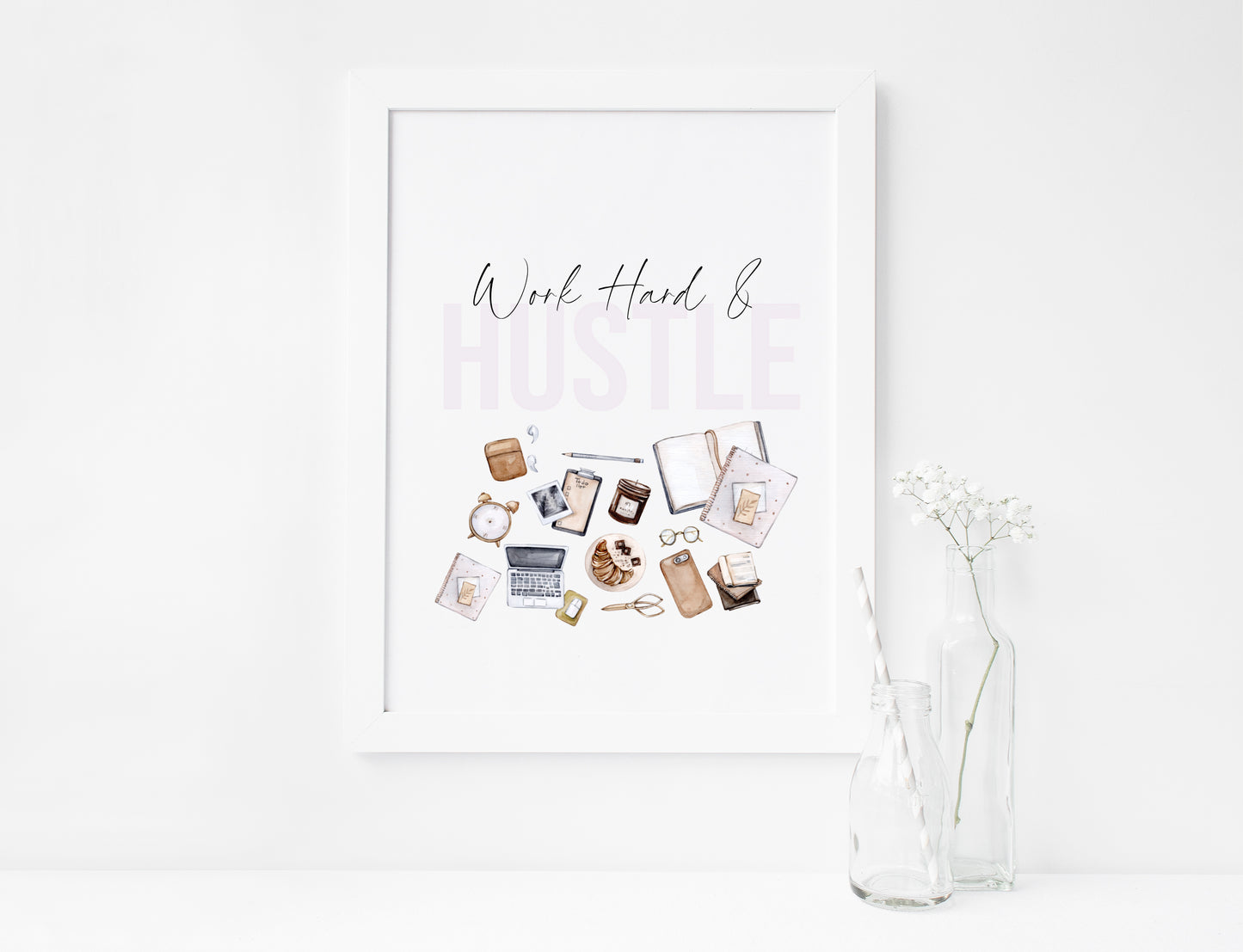 Work hard & hustle watercolour girl boss, motivational, blogger, office illustration unframed wall art poster print