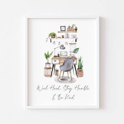 Work hard, stay humble & be kind girl boss, motivational, blogger, office illustration unframed wall art poster print