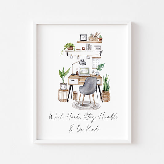 Work hard, stay humble & be kind girl boss, motivational, blogger, office illustration unframed wall art poster print