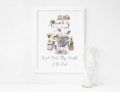 Work hard, stay humble & be kind girl boss, motivational, blogger, office illustration unframed wall art poster print