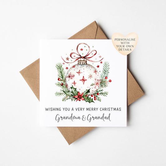 Christmas Card Red & White Bauble decoration family xmas seasonal card with envelope