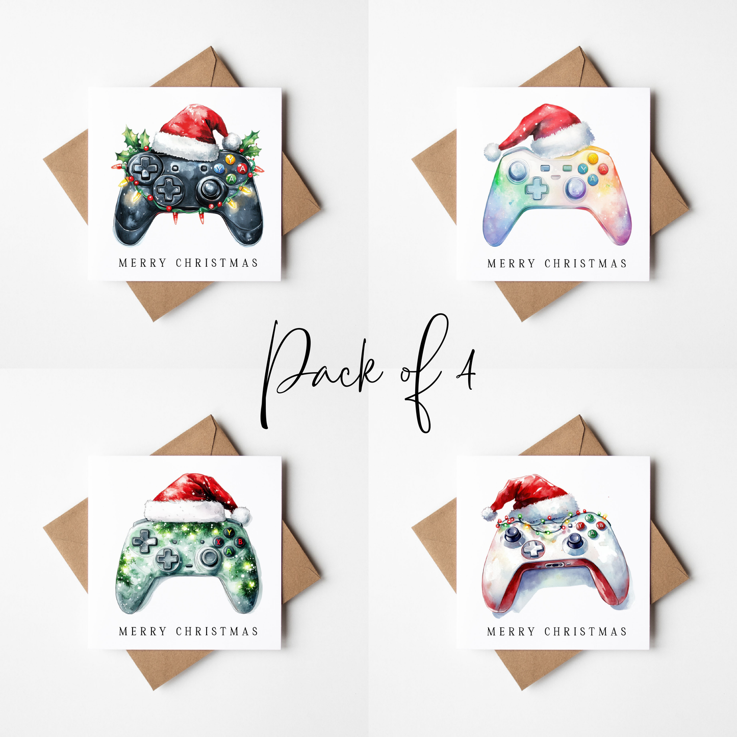Festive gaming Christmas Cards - Pack of 4, Kraft Envelopes