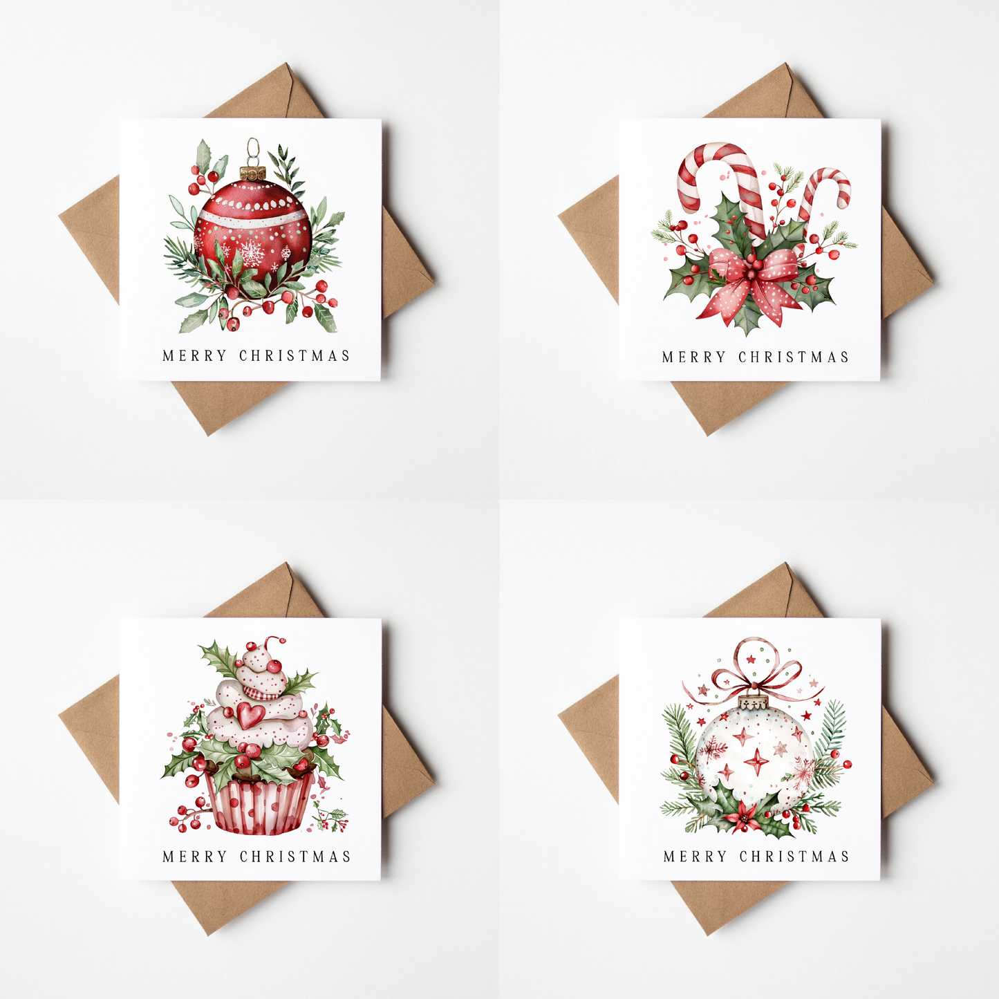 Festive Christmas Cards Red, Green & white floral decorations - Pack of 4, Kraft Envelopes