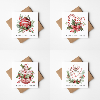 Festive Christmas Cards Red, Green & white floral decorations - Pack of 4, Kraft Envelopes