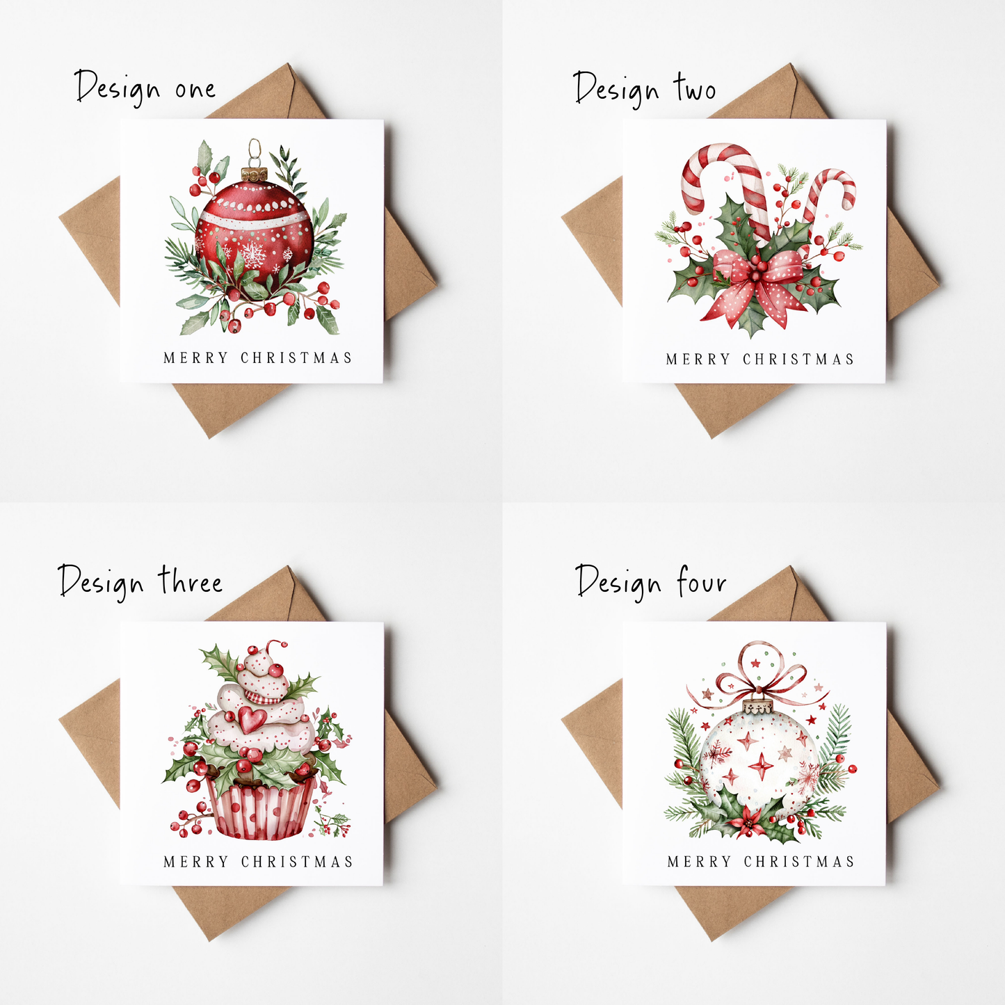 Festive Christmas Cards Red, Green & white floral decorations - Pack of 4, Kraft Envelopes