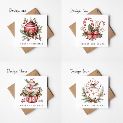 Festive Christmas Cards Red, Green & white floral decorations - Pack of 4, Kraft Envelopes