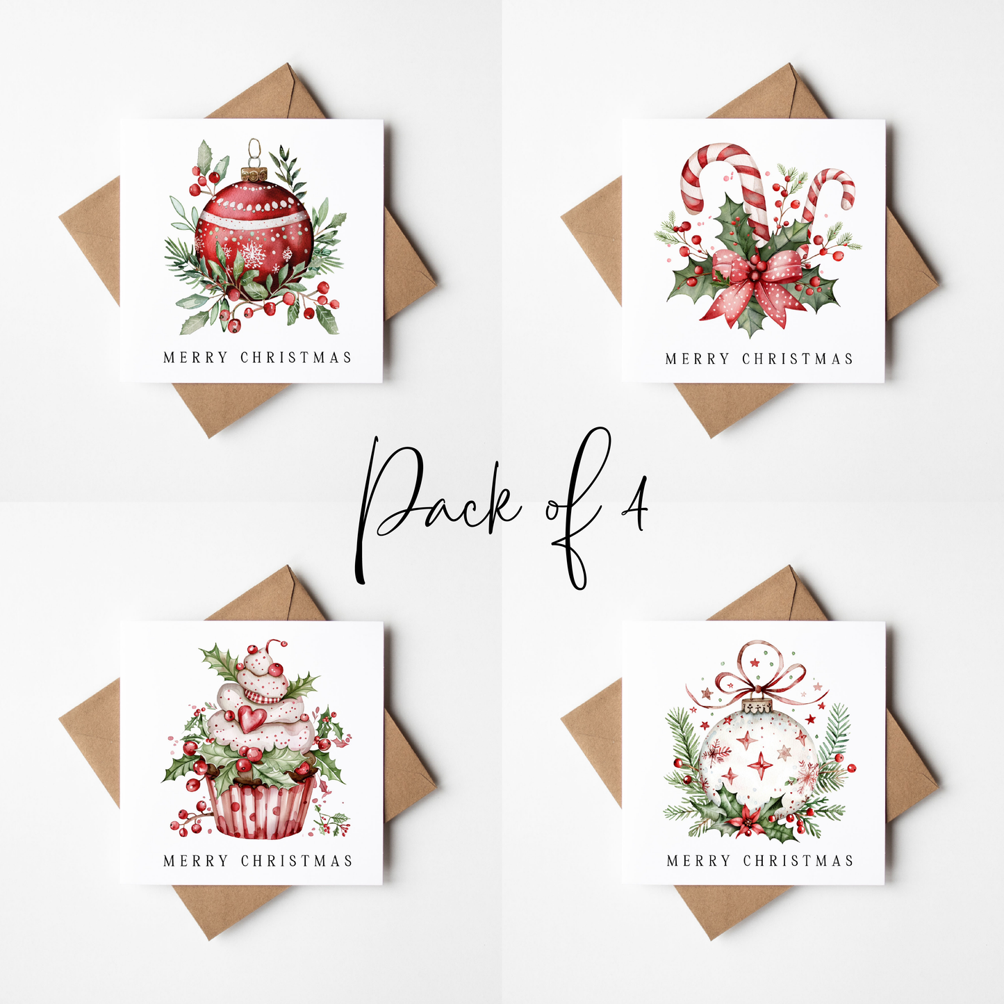 Festive Christmas Cards Red, Green & white floral decorations - Pack of 4, Kraft Envelopes
