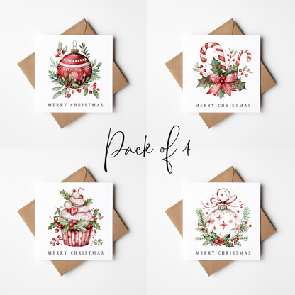 Festive Christmas Cards Red, Green & white floral decorations - Pack of 4, Kraft Envelopes