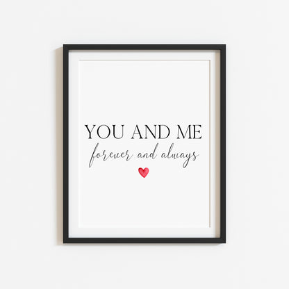 You and me forever and always couples, home bedroom red heart couples quote unframed wall art poster print