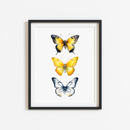 Butterfly print, Butterfly trio watercolour of butterflies illustration unframed wall art poster print, yellow black & blue butterflies