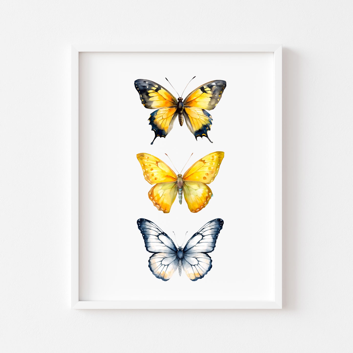 Butterfly print, Butterfly trio watercolour of butterflies illustration unframed wall art poster print, yellow black & blue butterflies