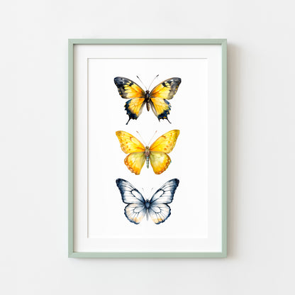 Butterfly print, Butterfly trio watercolour of butterflies illustration unframed wall art poster print, yellow black & blue butterflies