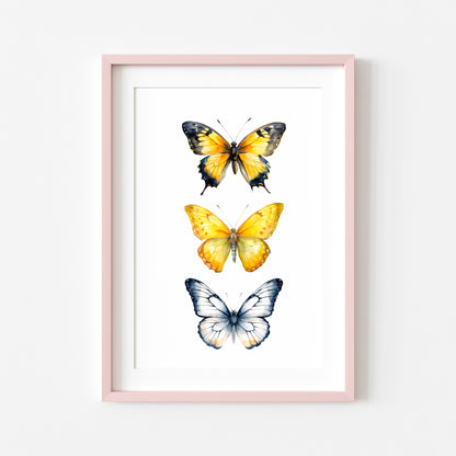 Butterfly print, Butterfly trio watercolour of butterflies illustration unframed wall art poster print, yellow black & blue butterflies