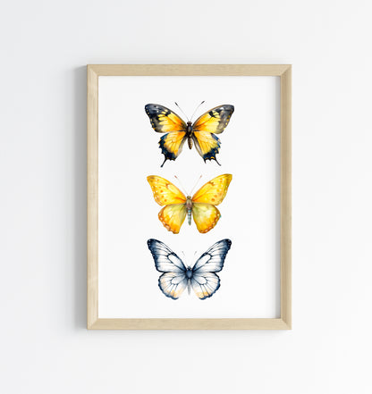 Butterfly print, Butterfly trio watercolour of butterflies illustration unframed wall art poster print, yellow black & blue butterflies