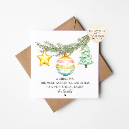 Christmas Card Festive Bauble decorations pastel yellow & green personalised with names