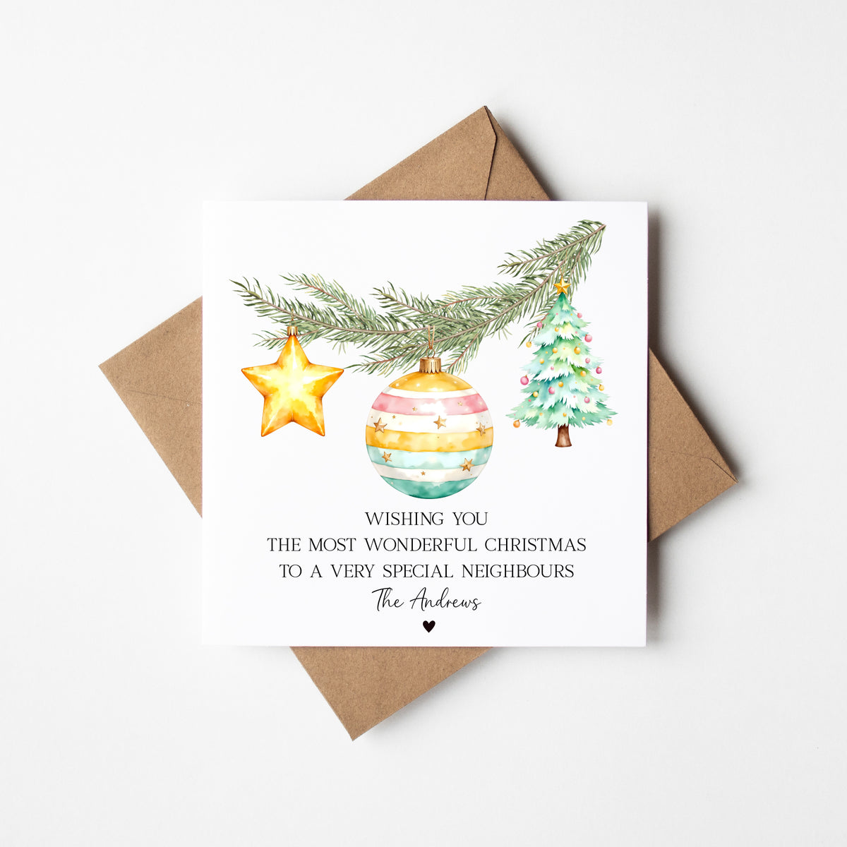 Christmas Card Festive Bauble decorations pastel yellow & green personalised with names