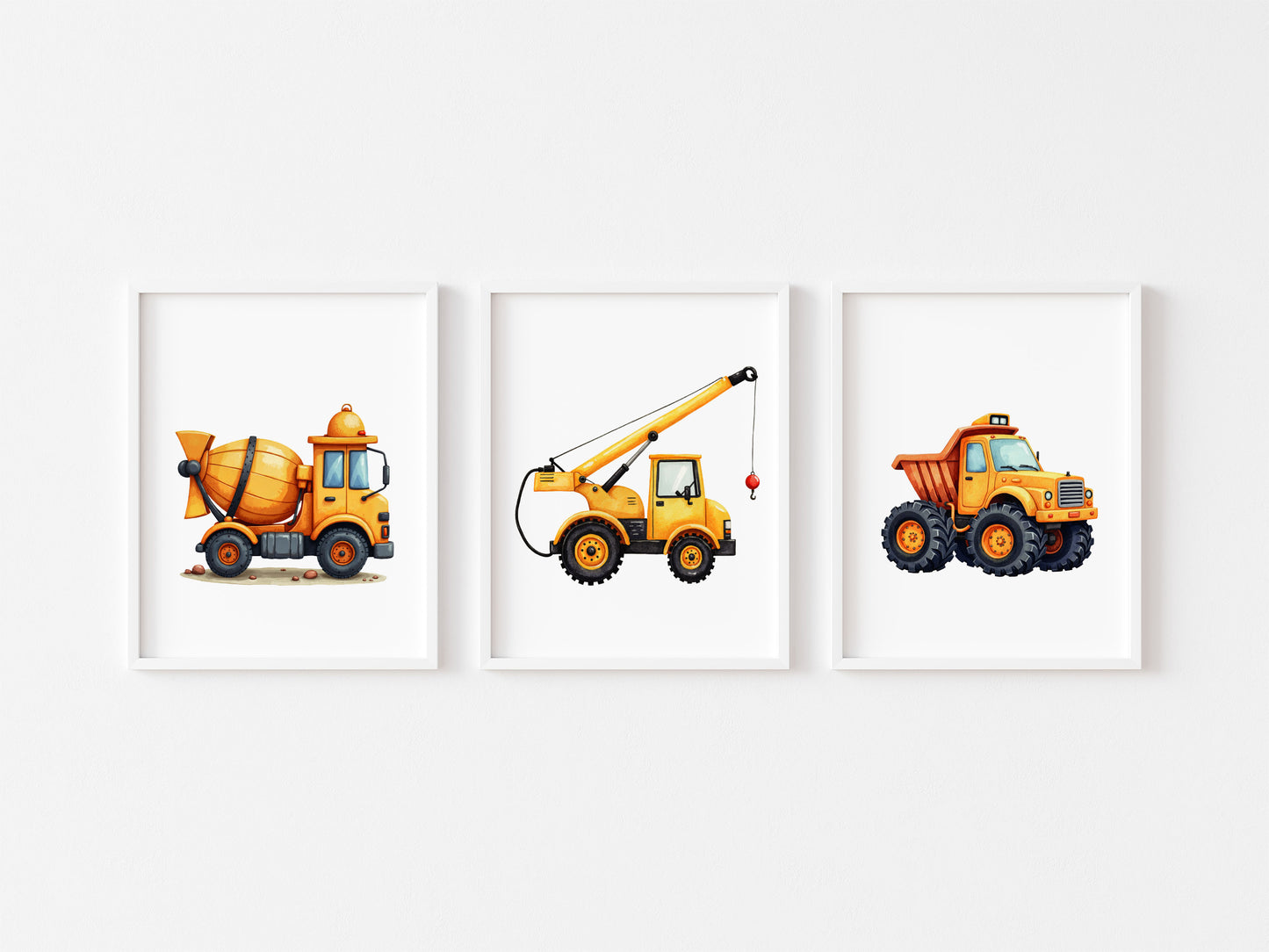 Truck digger transport print set of 3 yellow orange & black boys transport construction wall art (unframed)