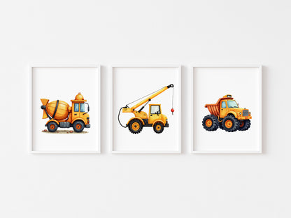 Truck digger transport print set of 3 yellow orange & black boys transport construction wall art (unframed)