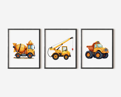 Truck digger transport print set of 3 yellow orange & black boys transport construction wall art (unframed)
