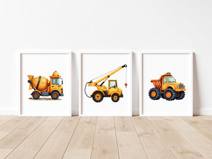 Truck digger transport print set of 3 yellow orange & black boys transport construction wall art (unframed)