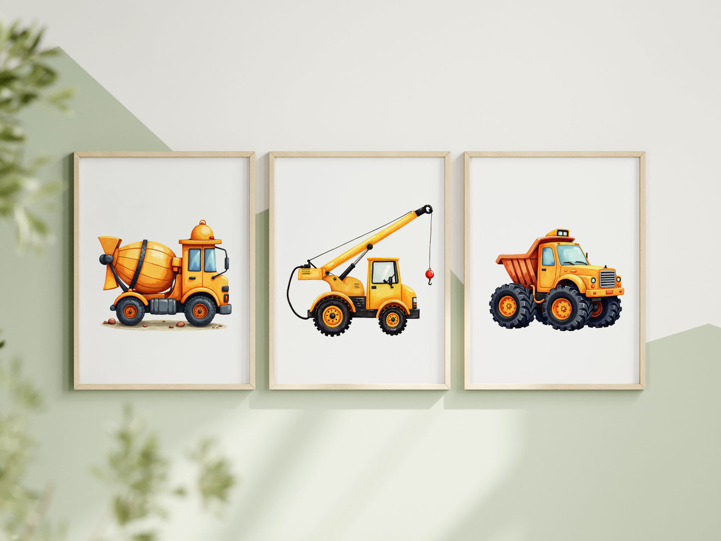 Truck digger transport print set of 3 yellow orange & black boys transport construction wall art (unframed)