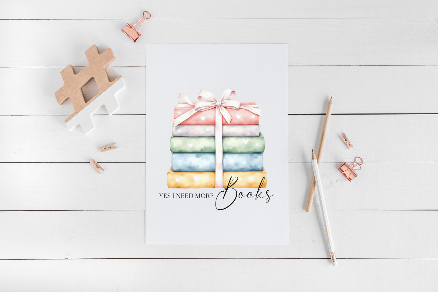 Book Stack Print Pastel Bow, Yes I Need More Books reading wall decor (unframed)