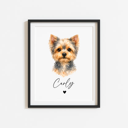 Personalised Yorkshire Terrier Dog Print Custom Name Pet portrait watercolour unframed wall art