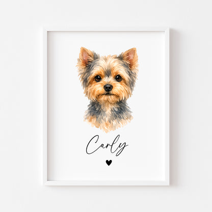 Personalised Yorkshire Terrier Dog Print Custom Name Pet portrait watercolour unframed wall art