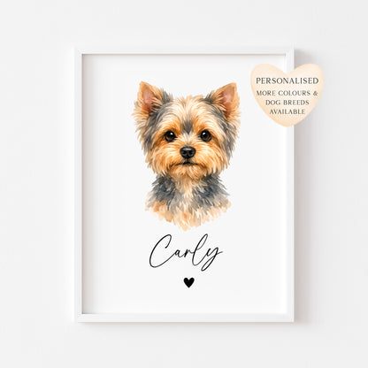 Personalised Yorkshire Terrier Dog Print Custom Name Pet portrait watercolour unframed wall art
