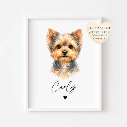 Personalised Yorkshire Terrier Dog Print Custom Name Pet portrait watercolour unframed wall art