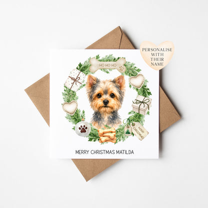 Personalised Dog Christmas card, Yorkshire terrier custom pet name xmas card with envelope