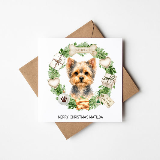 Personalised Dog Christmas card, Yorkshire terrier custom pet name xmas card with envelope