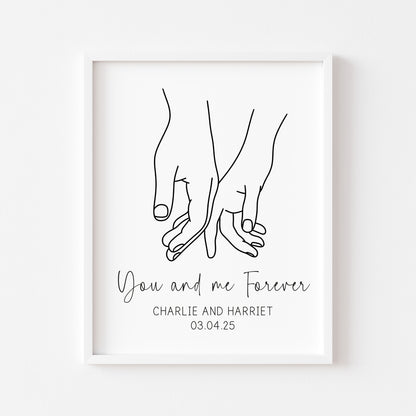 Personalised Couples Print You Me Forever hands lines drawing Wall Art (unframed)