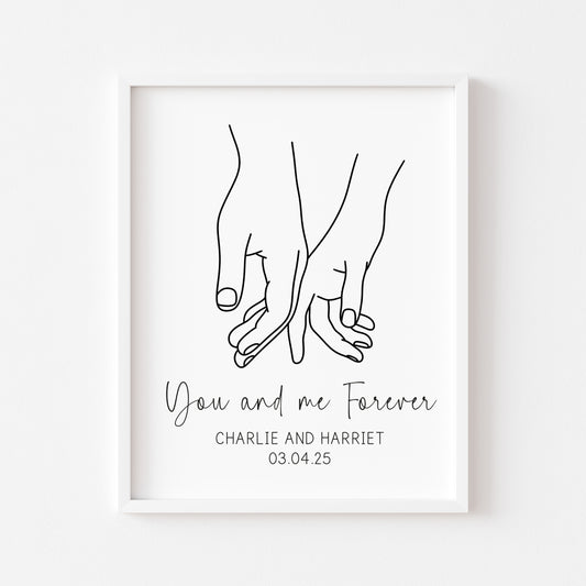 Personalised Couples Print You Me Forever hands lines drawing Wall Art (unframed)