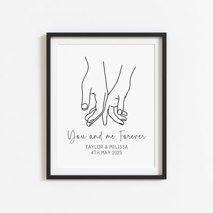Personalised Couples Print You Me Forever hands lines drawing Wall Art (unframed)