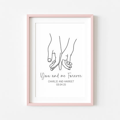 Personalised Couples Print You Me Forever hands lines drawing Wall Art (unframed)