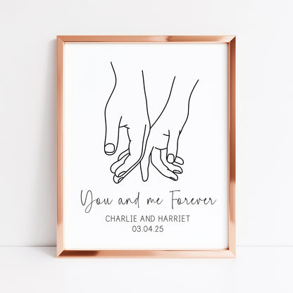 Personalised Couples Print You Me Forever hands lines drawing Wall Art (unframed)